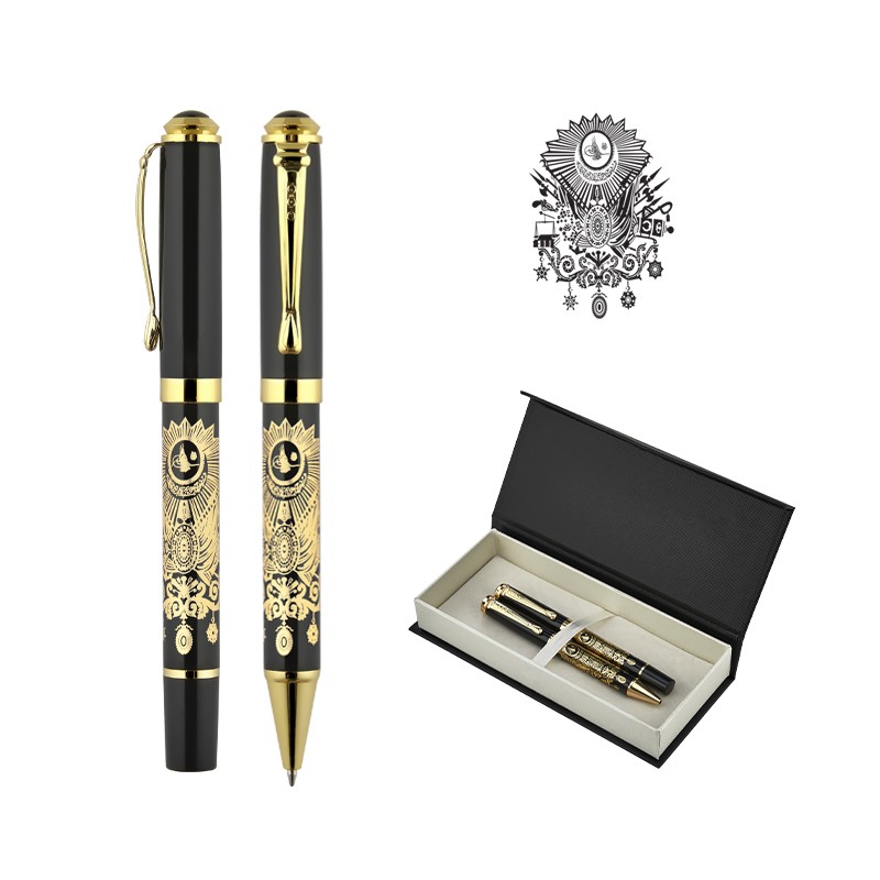 KP02123-0210 Kabartma Figürlü Metal Roller & Tükenmez Kalem Seti / Tuğra